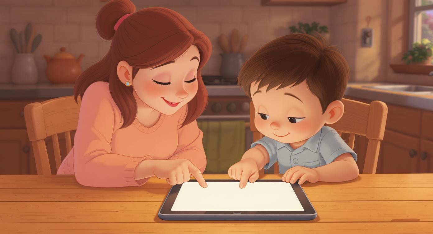 Parent and child learning together with tablet